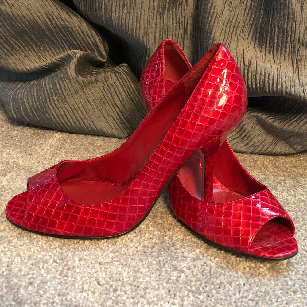 Peep toe red patent snakeskin leather heels HOT! 8